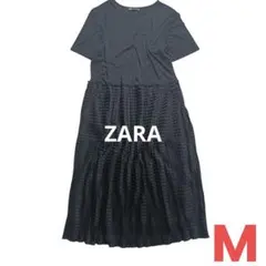 ZARA ザラ 異素材コンビ プリーツ ロングワンピース 半袖 ブラック 春夏