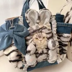 コヤンイサムチョン　バッグ　アメショ風　タビー柄　ハンドメイド　デニム