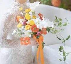 ウェディングブーケ　アーティフィシャルフラワー　白＆黄色　ブートニア付き