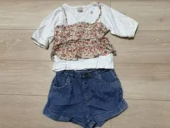 petit main ビスチェドッキング Tシャツとデニムショートパンツ セット