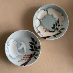 見事な釉ハゲの草花紋の磁器皿 2枚セット くらわんか 小皿 釉中彩