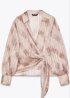 [新品] ZARA ストライプラップシャツ 長袖 ピンク タグ付きM ブラウス