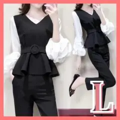 パンツドレス ペプラム　フリル 黒　フォーマル ハイウエスト 体型カバー　韓国