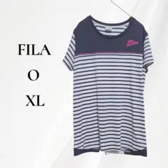 ◇FILA Tシャツ ボーダー 半袖 ネイビー ホワイト ロゴ XL レディース