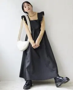 【FREAK'S STORE】フクレジャガードエプロンキャミワンピース　ブラック