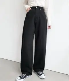 moment＋ デニム＆ツイルストレートパンツ ブラック Lサイズ