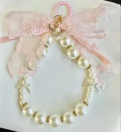 【S006】ピンクリボン×パール ストラップ バッグチャーム