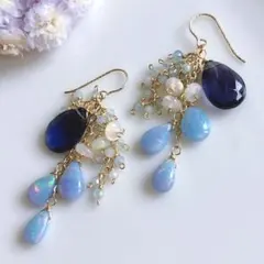 一点物✧大粒アイオライト×エチオピアオパール×アクアマリンピアス✧14kgf