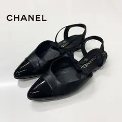 シャネル ココマーク レザー リボン ストラップ フラットパンプス ブラック