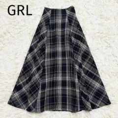 美品✨【GRL】チェック柄 ロング フレアスカート S ツイード風 ネイビー系