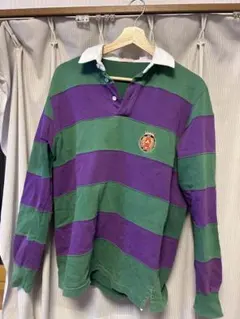 80s Brooks Brothers 長袖ポロシャツ 緑紫ストライプ