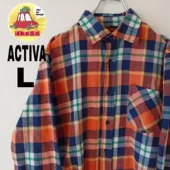 USA古着 ACTIVA ネルシャツ　L オレンジ　ネイビー　チェック