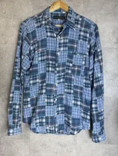 BEAMS ビームス パッチワーク チェックシャツ【L】青 長袖 日本製