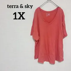 terra & sky 【1X】Vネック Tシャツ コーラルピンク 夏服