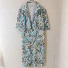 ヴィンテージ ワンピース 半袖 シャツ 抽象柄 L 水色 混紡 お出かけ
