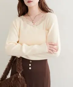 natural couture アシメレースネックリブニットプルオーバー 新品