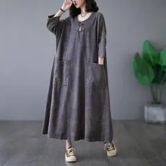 デニムワンピースゆったり丸襟クルーネックデニムスカートワンピ大きいサイズ着痩せ