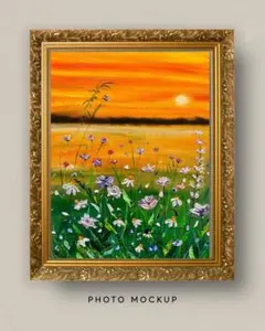 「夕焼け空と花々」　手描き　油絵　風景画　原画　油彩画