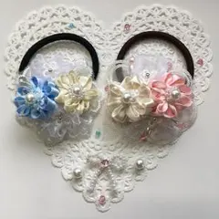 リボンのお花とレースのヘアゴム♡