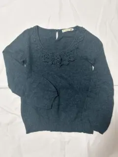 ダークブルー レース装飾 長袖ニット S　earth music&ecology