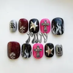 メンズ 炎 十字架 シルバー 星 ボルドー ピンク y2k ネイルチップ