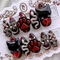 ネイルチップ 量産型 地雷 サブカル 天使界隈 赤 黒 猫 肉球 蛇 十字架