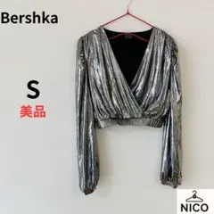【美品】Bershka ベルシュカ メタリックショート丈ブラウス ラメ 銀のサムネイル