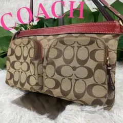【美品】コーチ ショルダーバッグ シグネチャー キャンバス×レザー 赤