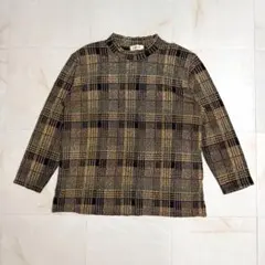 森ガール パッチワーク風 チェック柄トップス 長袖 ブラウン 古着風