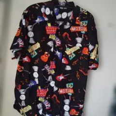 半袖 アロハシャツ レコード柄 L ブラック ギター柄 総柄シャツ