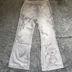 天使プリント グレー デニムパンツ ワイドレッグ