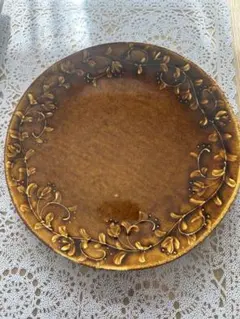 作家物☆花模様の茶色い陶器皿