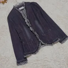 フリル刺繍 デニムジャケット / ノーカラージャケットM相当