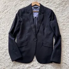 アンタイトル　ウールシルク混ジャケット　ストライプ　濃紺　艶　大きいサイズ　44