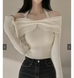 【GRL】ホルターネックオフショルダーリブニットトップス