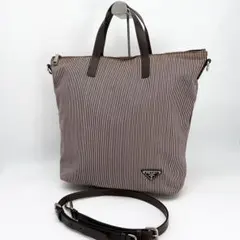 【良品】PRADA プラダ 2WAY ストライプ キャンバストート 茶白
