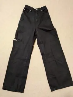 【Sサイズ】moment+ ヘビーツイル&デニムダメージストレートパンツ