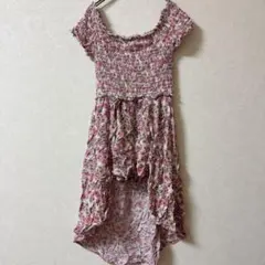 希少✨花柄 ロンパース ピンク【M】ワンピース風 シャーリング 海外古着 一点物