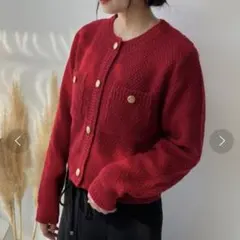 ASKNOWASplus 赤 きらボタン ダブルポケットラーベン編みカーディガン