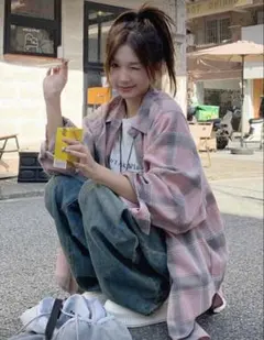 ピンクグレー チェック柄 オーバーサイズシャツ Lサイズ相当