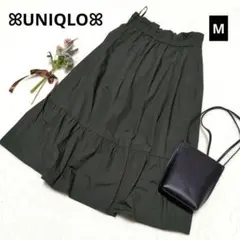 1507◎ユニクロ ハイウエストフリルスカート【M】深緑 ミディ丈 おしゃれ