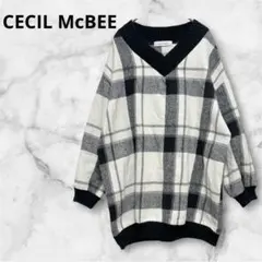 セシルマクビー　セーター　大きいチェック柄 Vネック 長袖ニット