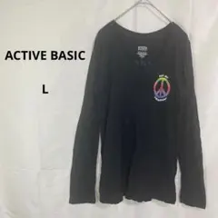 アクティブベーシック◇長袖Tシャツ【L】ブラック　ピースプリント　コットン混