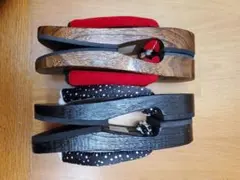 伝統的な木製下駄 黒赤 水玉模様