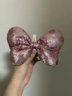 スパンコールピンク　ミニーリボンヘアゴム