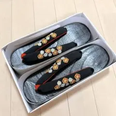 【新品未使用】下駄　桐　花柄　黒　ブラック　フリーサイズ