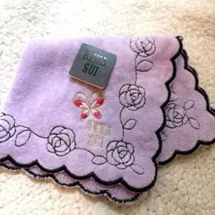 ANNA SUI 薄紫 バラ刺繍 タオルハンカチ