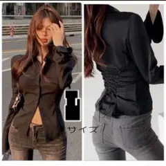 バック編み上げ ブラウス Lサイズ ブラック レディース 長袖 フレア袖 無地