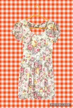 【未着用】アンクルージュ　花柄 ひざ丈ワンピース 半袖 バックリボン 編み上げ