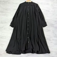 ミズイロインド 長袖 シャツワンピース スタンドカラー ゆったり 黒 フリー